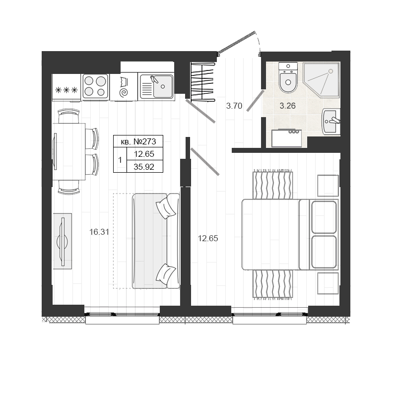 1 комн. квартира, 36.1 м², 4 этаж 