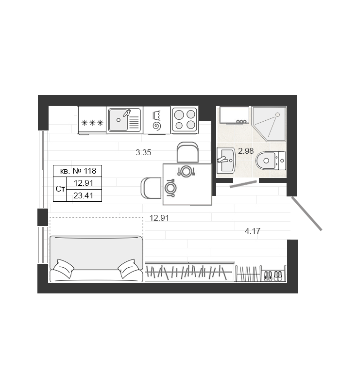 студия, 23.6 м², 4 этаж 