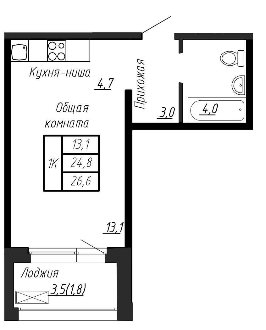 1 комн. квартира, 27 м², 13 этаж 