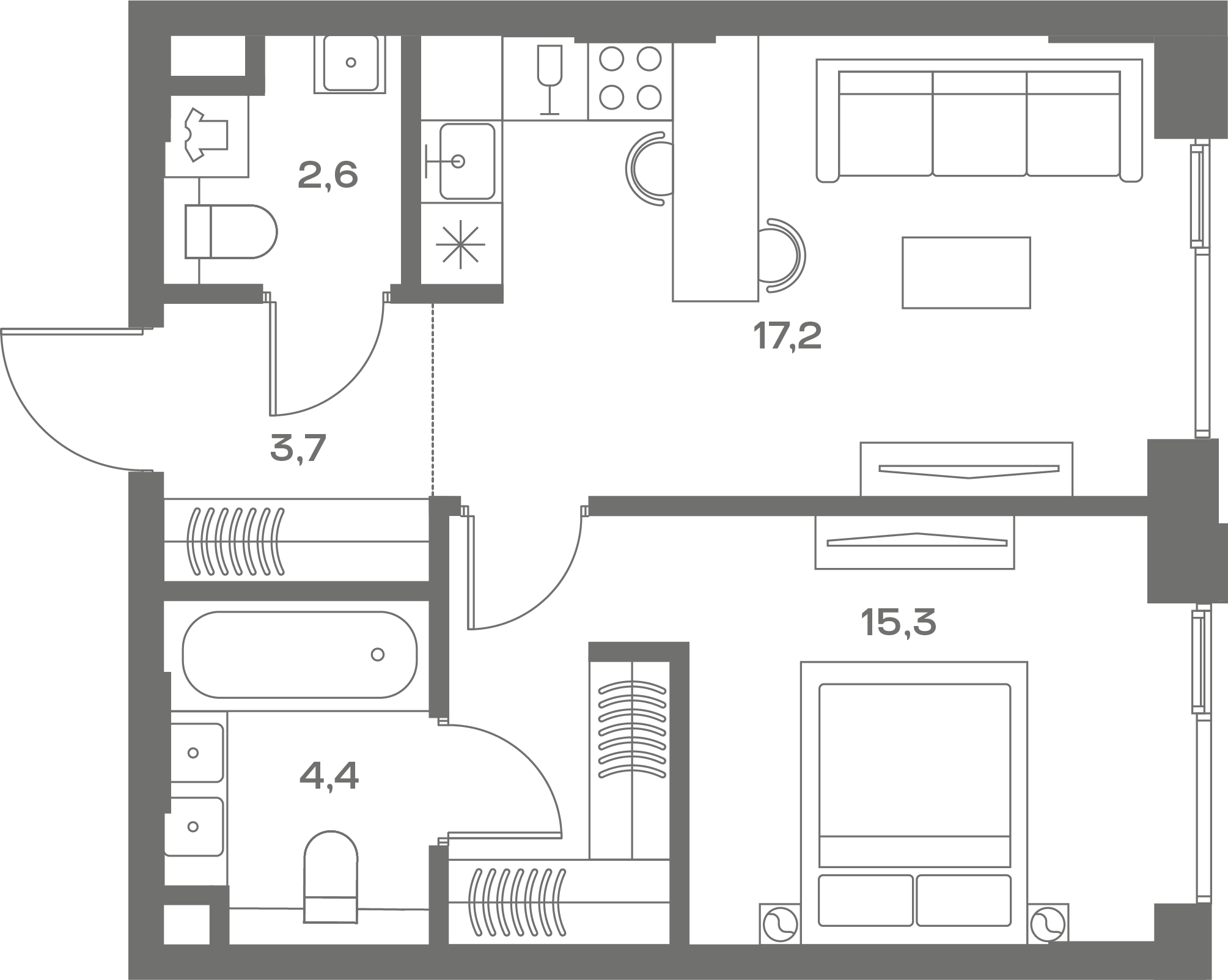 1 комн. квартира, 43.2 м², 2 этаж 