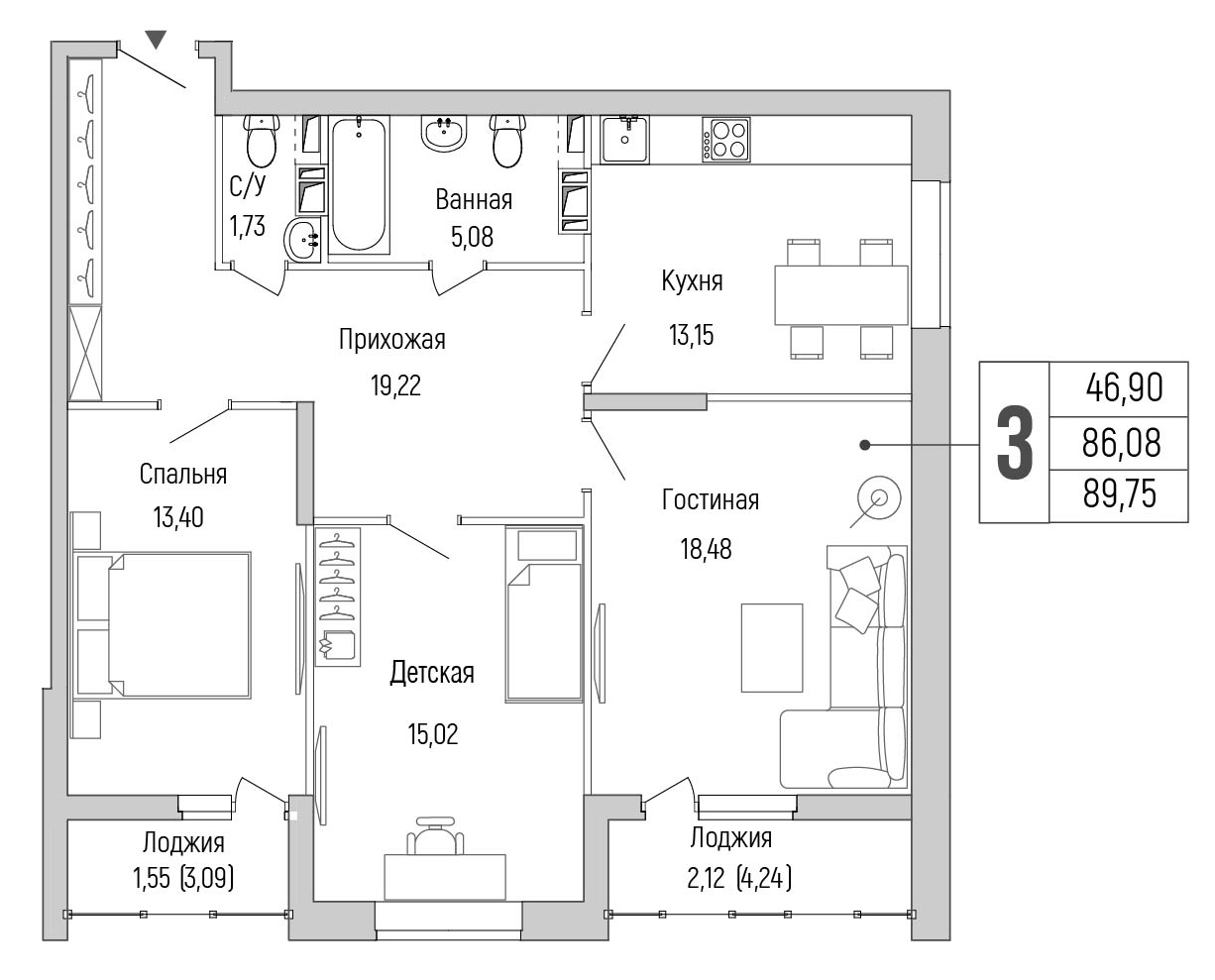 3 комн. квартира, 89.8 м², 4 этаж 