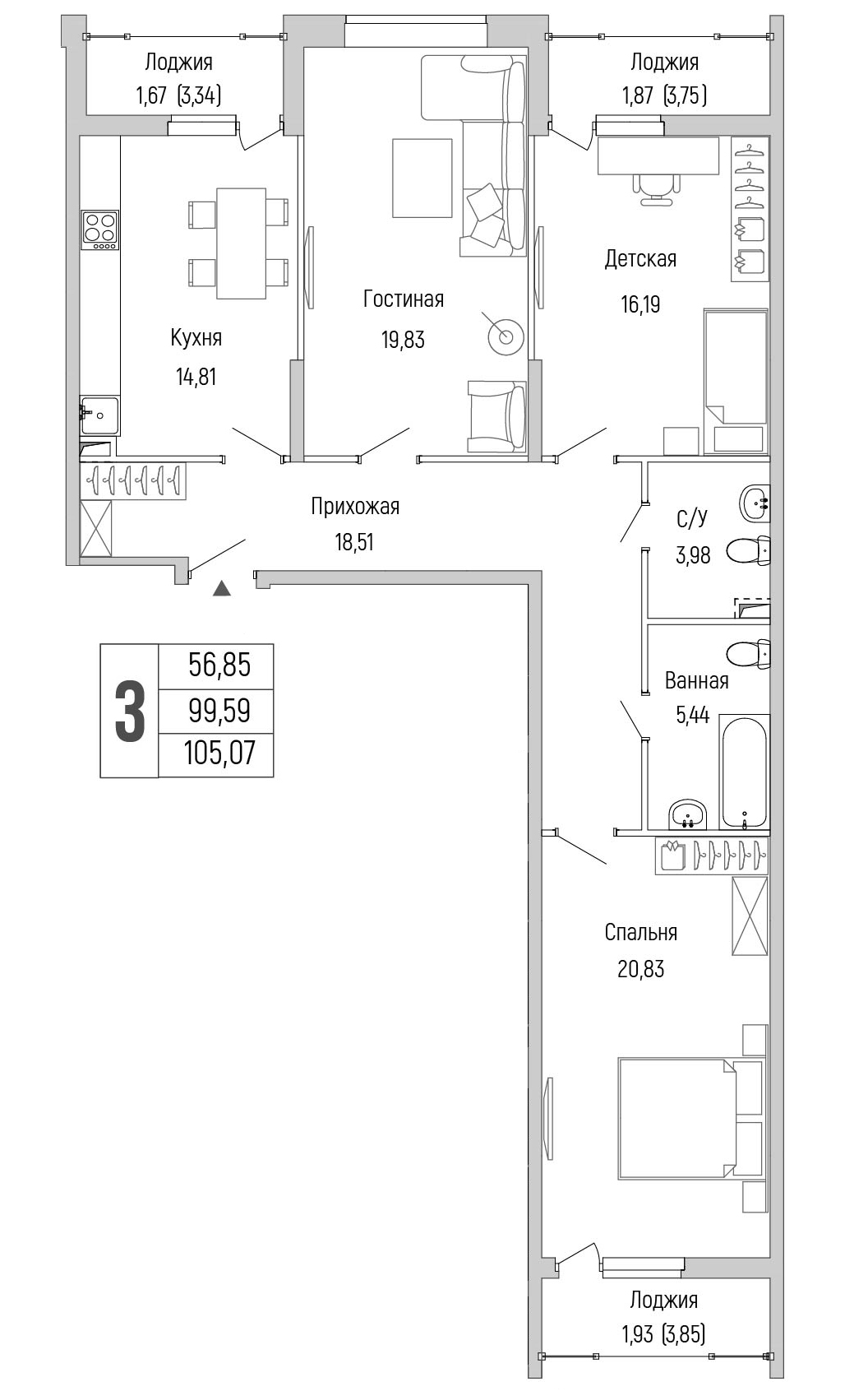 3 комн. квартира, 105.1 м², 2 этаж 