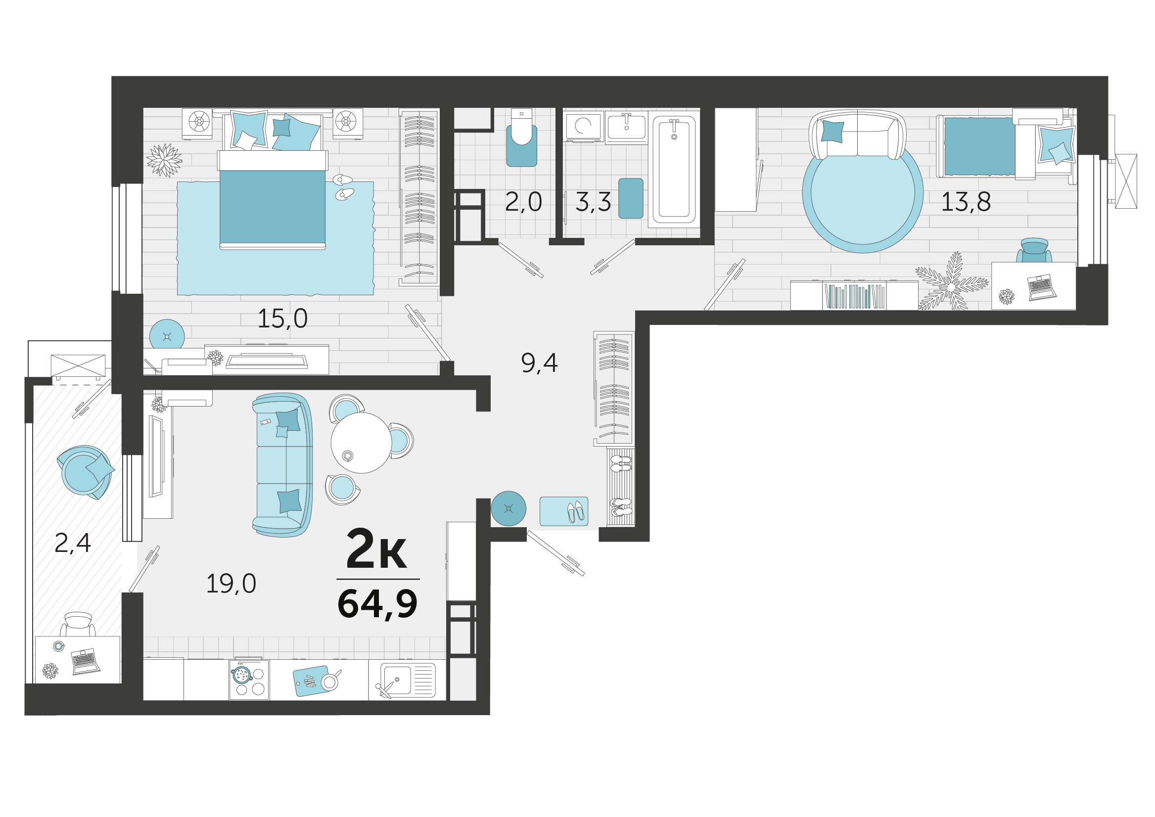 2 комн. квартира, 65.3 м², 19 этаж 