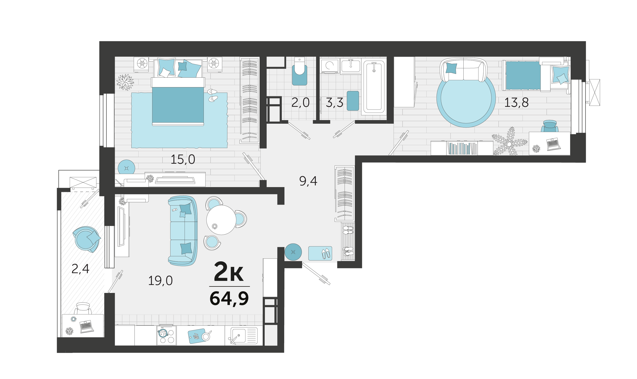 2 комн. квартира, 65.2 м², 21 этаж 