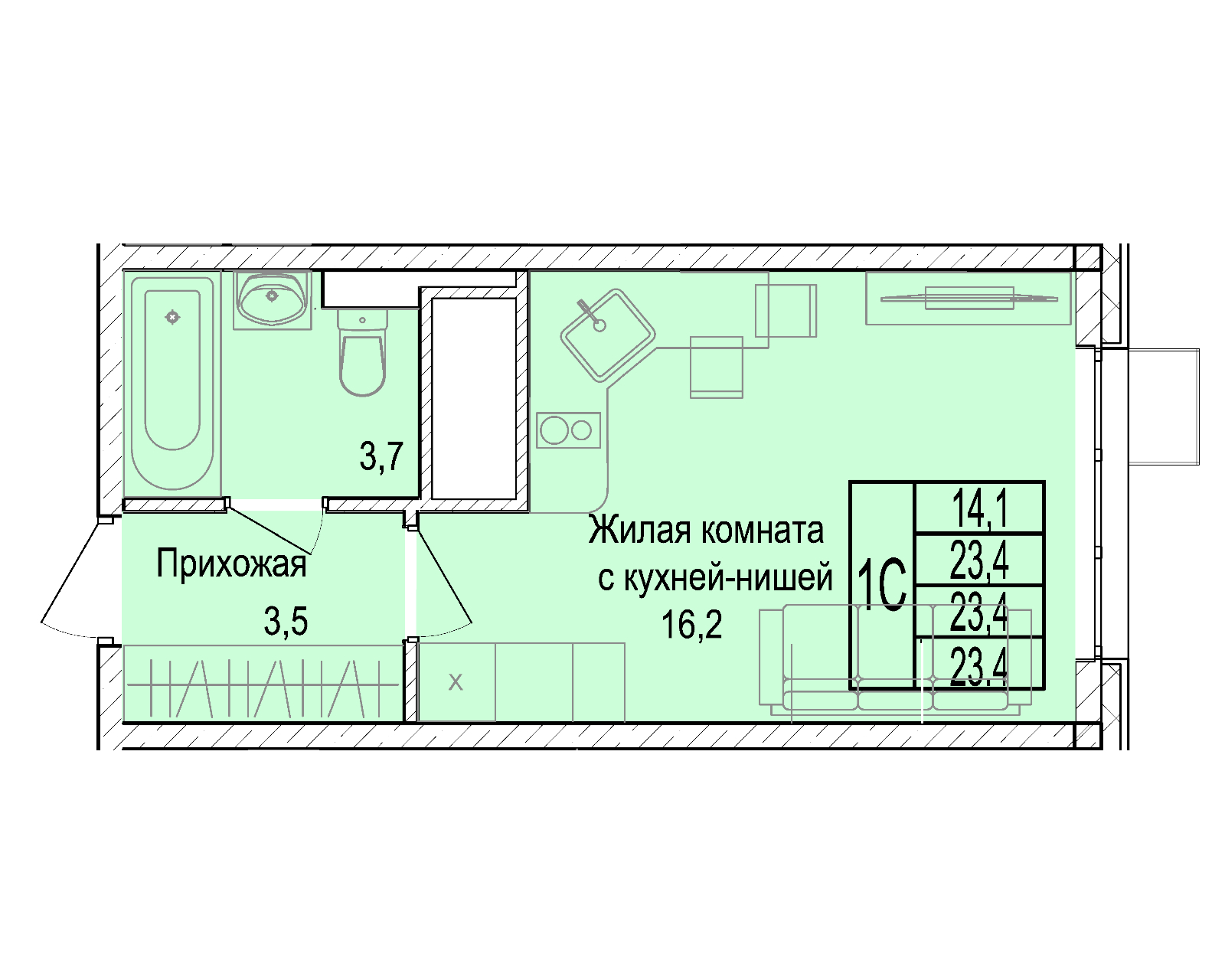 1 комн. квартира, 24.1 м², 23 этаж 