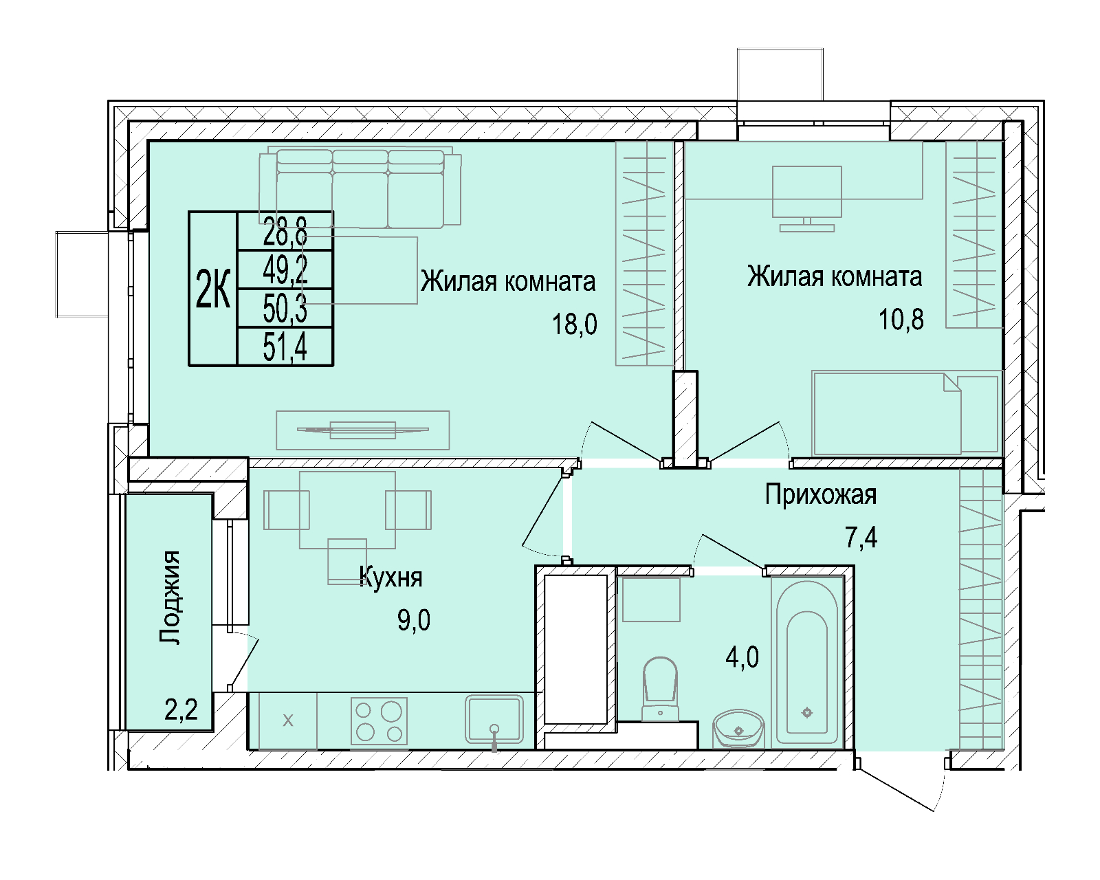 2 комн. квартира, 50.2 м², 25 этаж 
