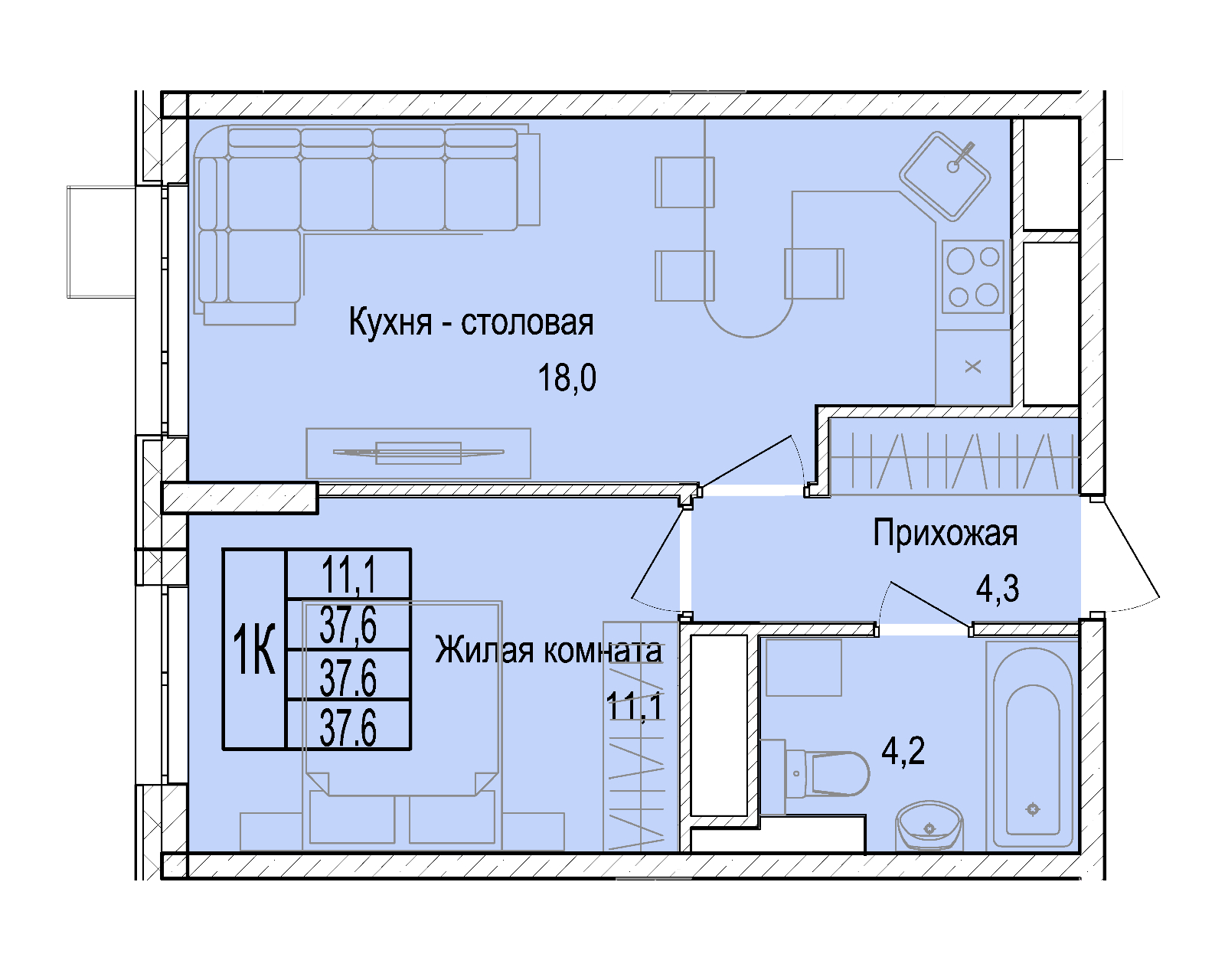 1 комн. квартира, 38.1 м², 25 этаж 
