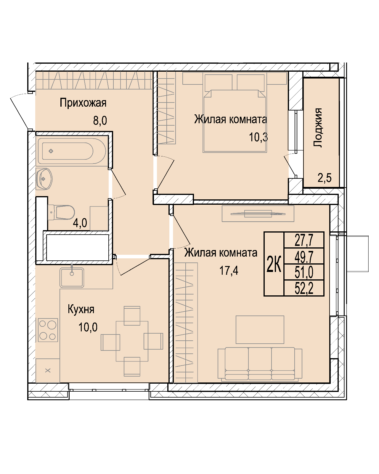 2 комн. квартира, 51.1 м², 25 этаж 