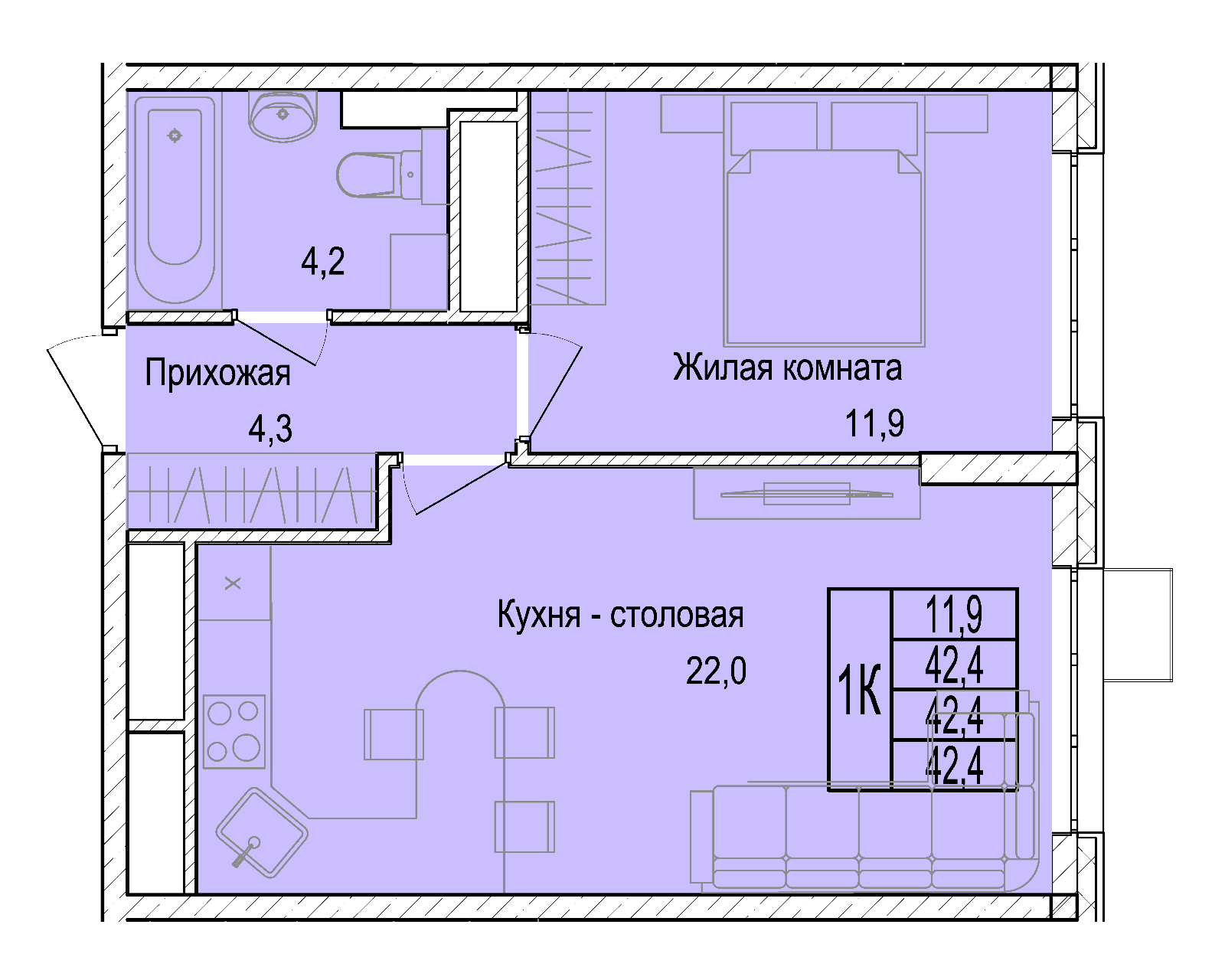 1 комн. квартира, 41.9 м², 25 этаж 