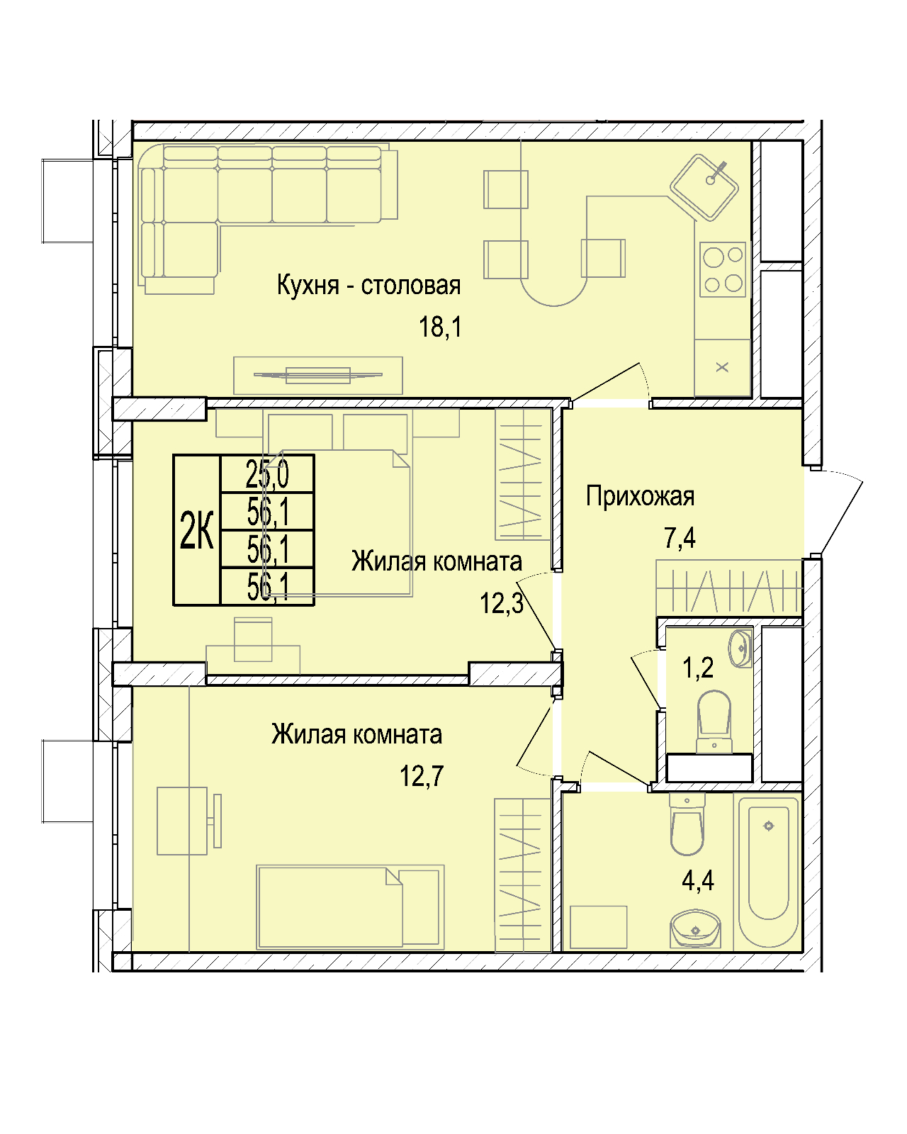 2 комн. квартира, 56.1 м², 24 этаж 