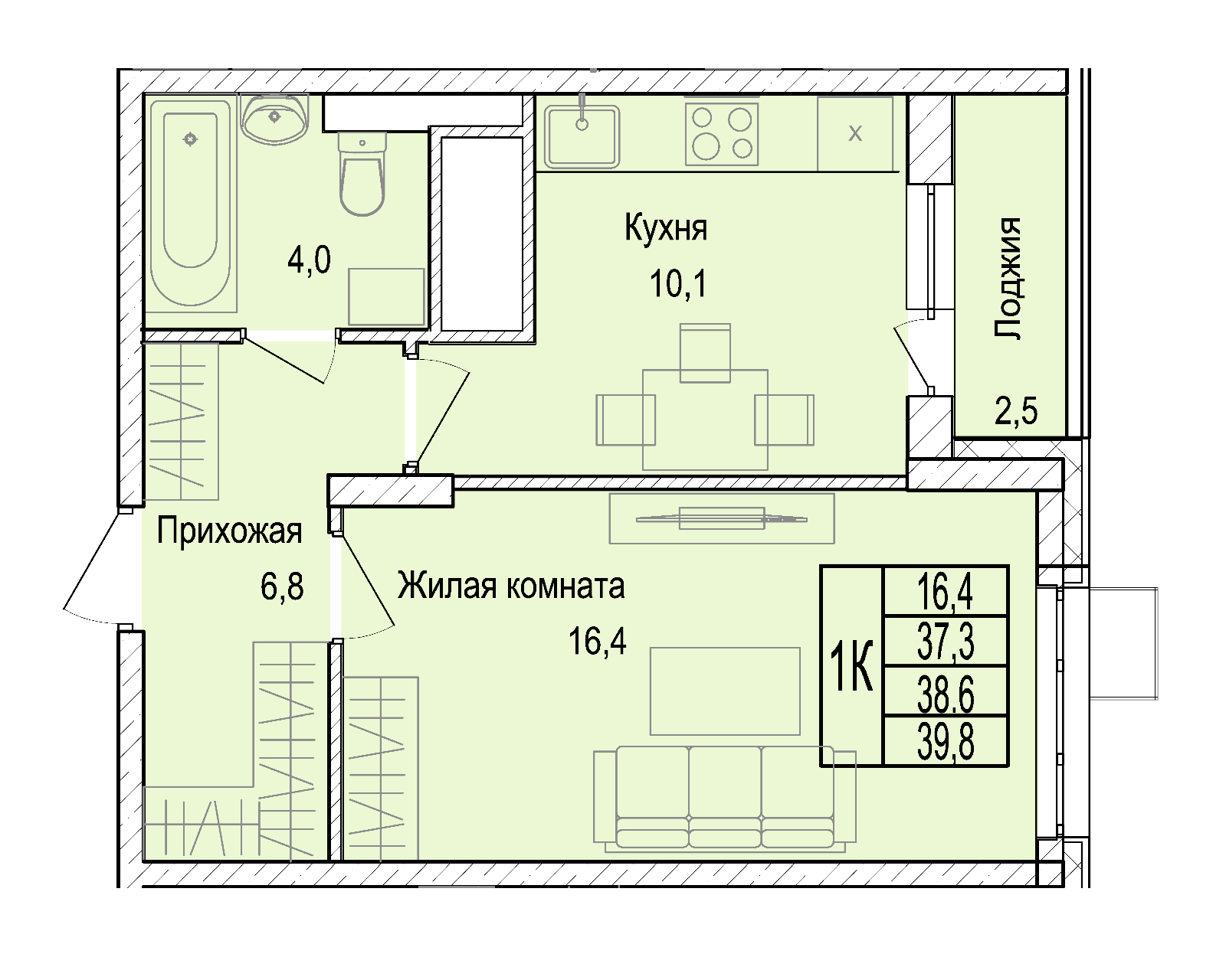 1 комн. квартира, 38.7 м², 24 этаж 