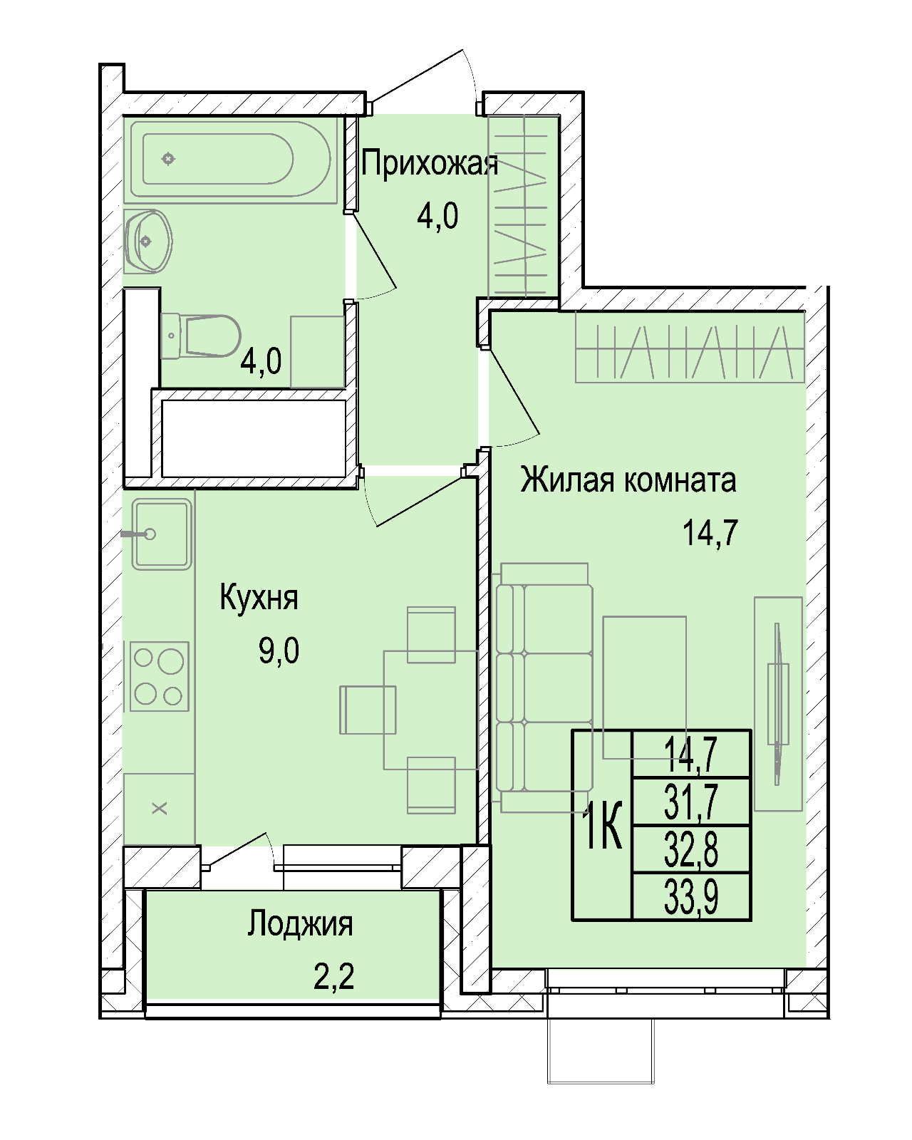 1 комн. квартира, 32.9 м², 23 этаж 
