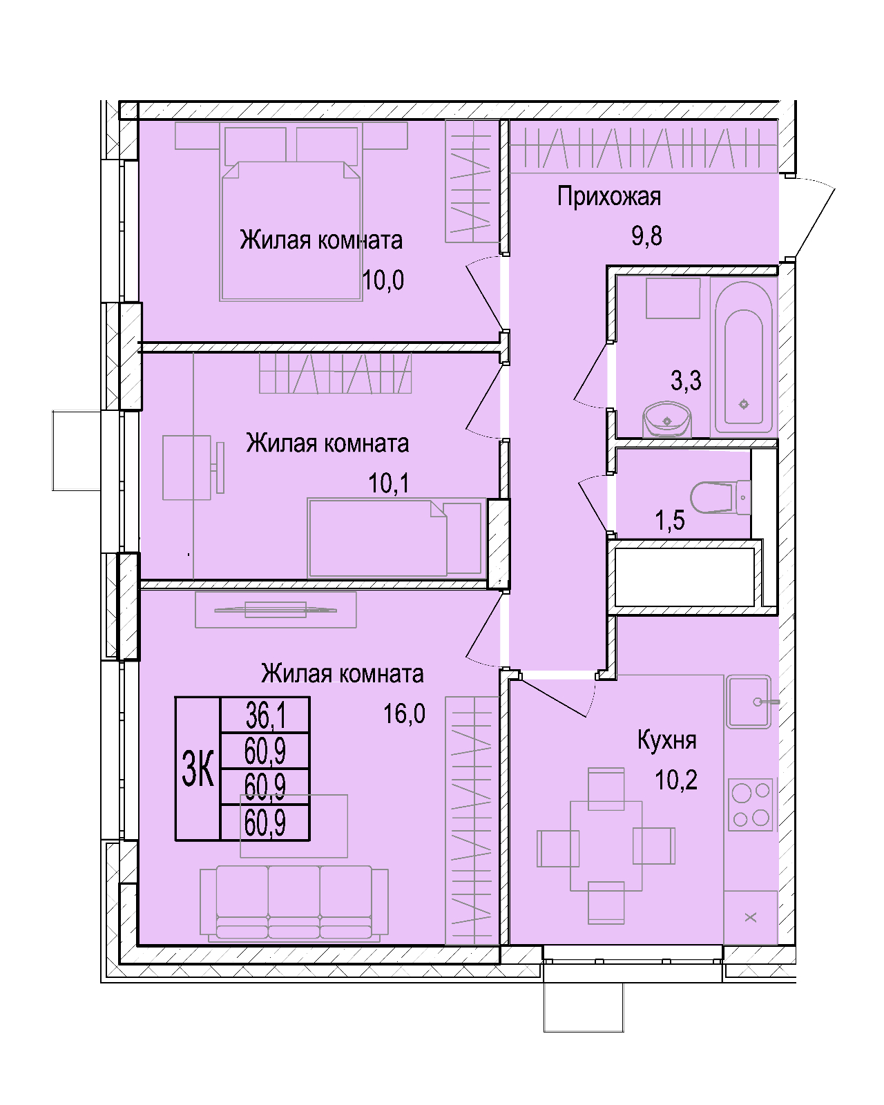 3 комн. квартира, 60.9 м², 19 этаж 