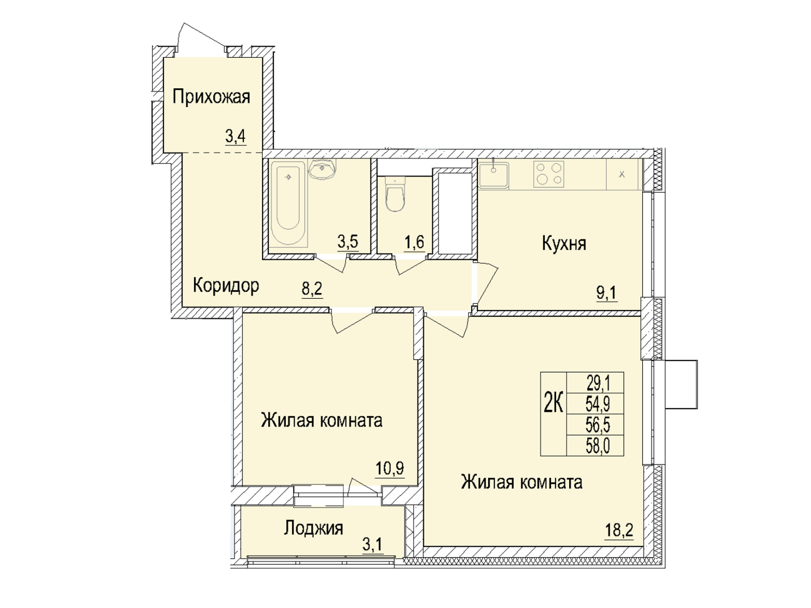 2 комн. квартира, 56.5 м², 22 этаж 
