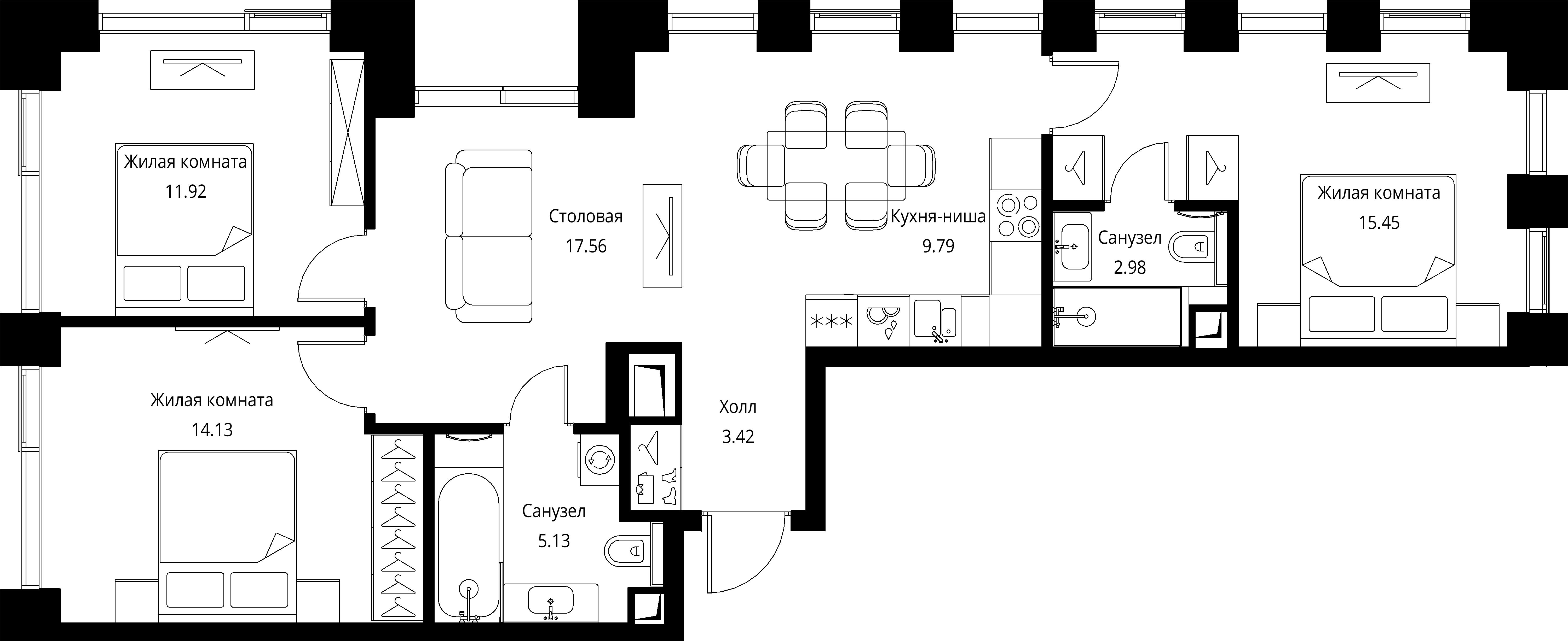 3 комн. квартира, 80.4 м², 14 этаж 