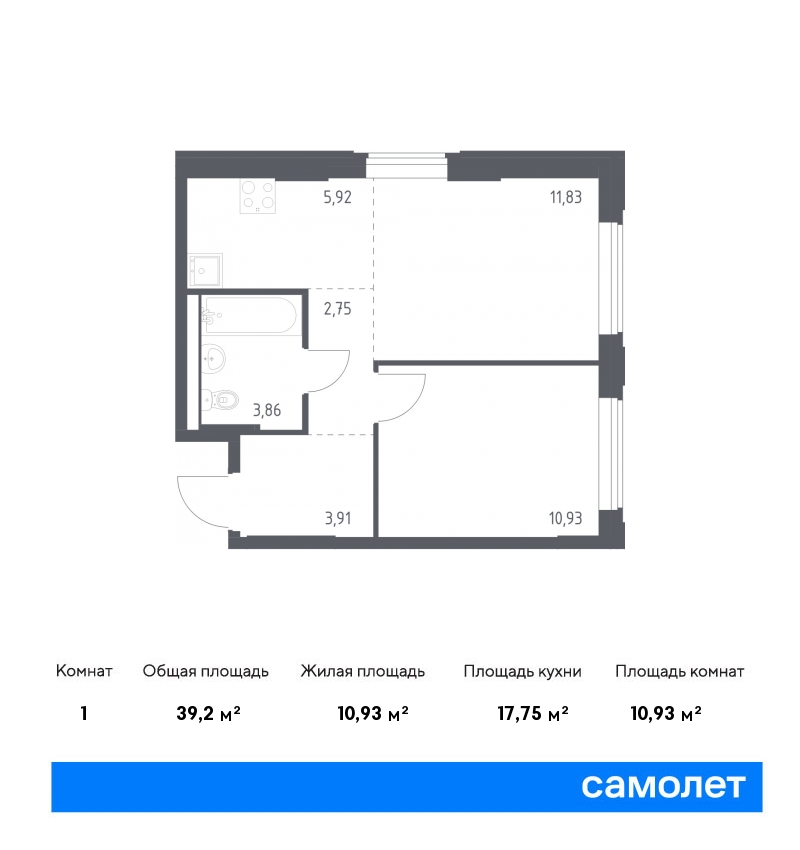 1 комн. квартира, 39.2 м², 1 этаж  (из 14)