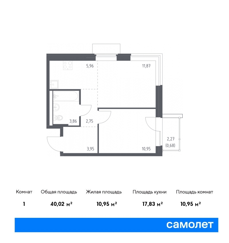 1 комн. квартира, 40 м², 2 этаж  (из 14)