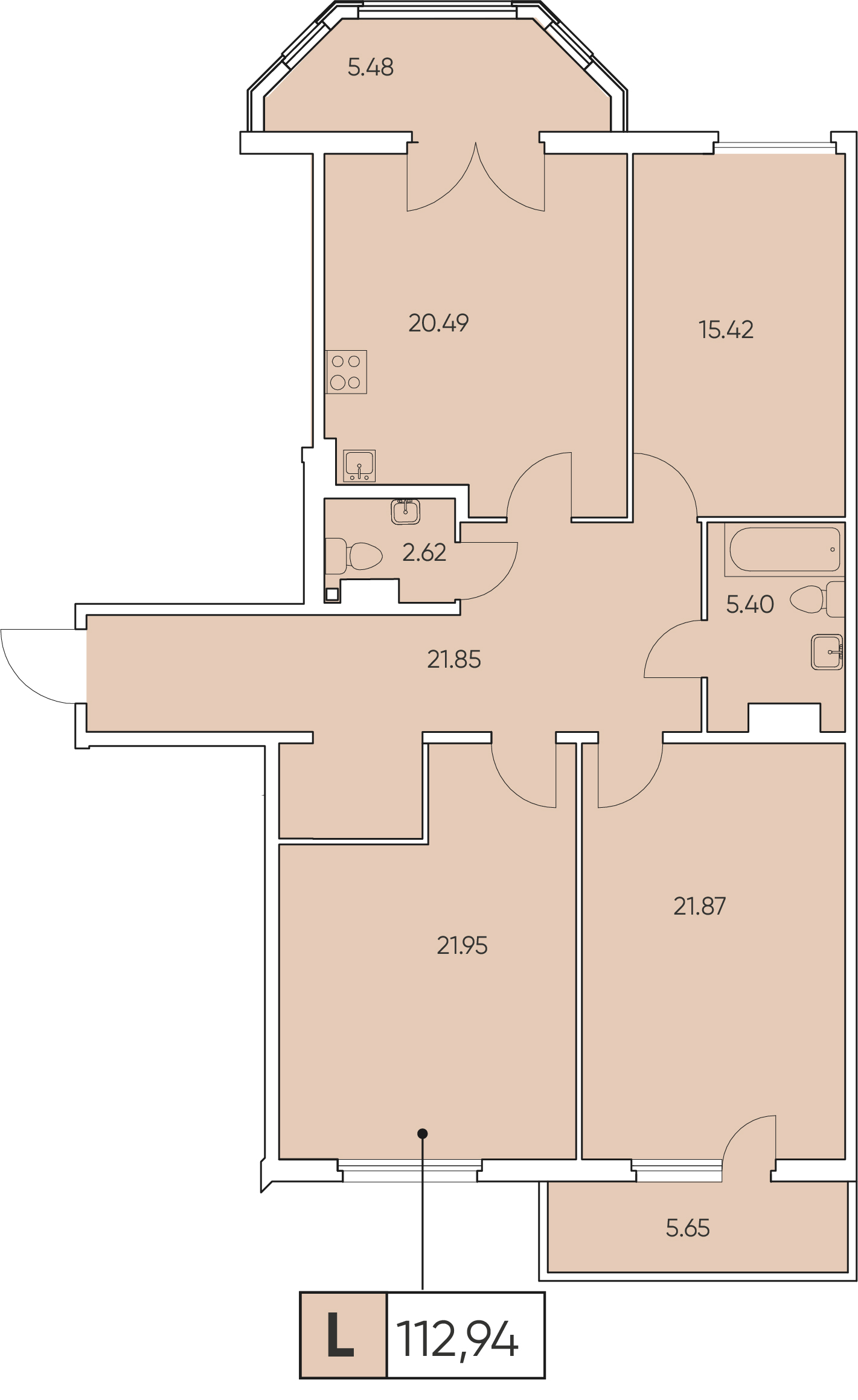 3 комн. квартира, 112.3 м², 5 этаж 