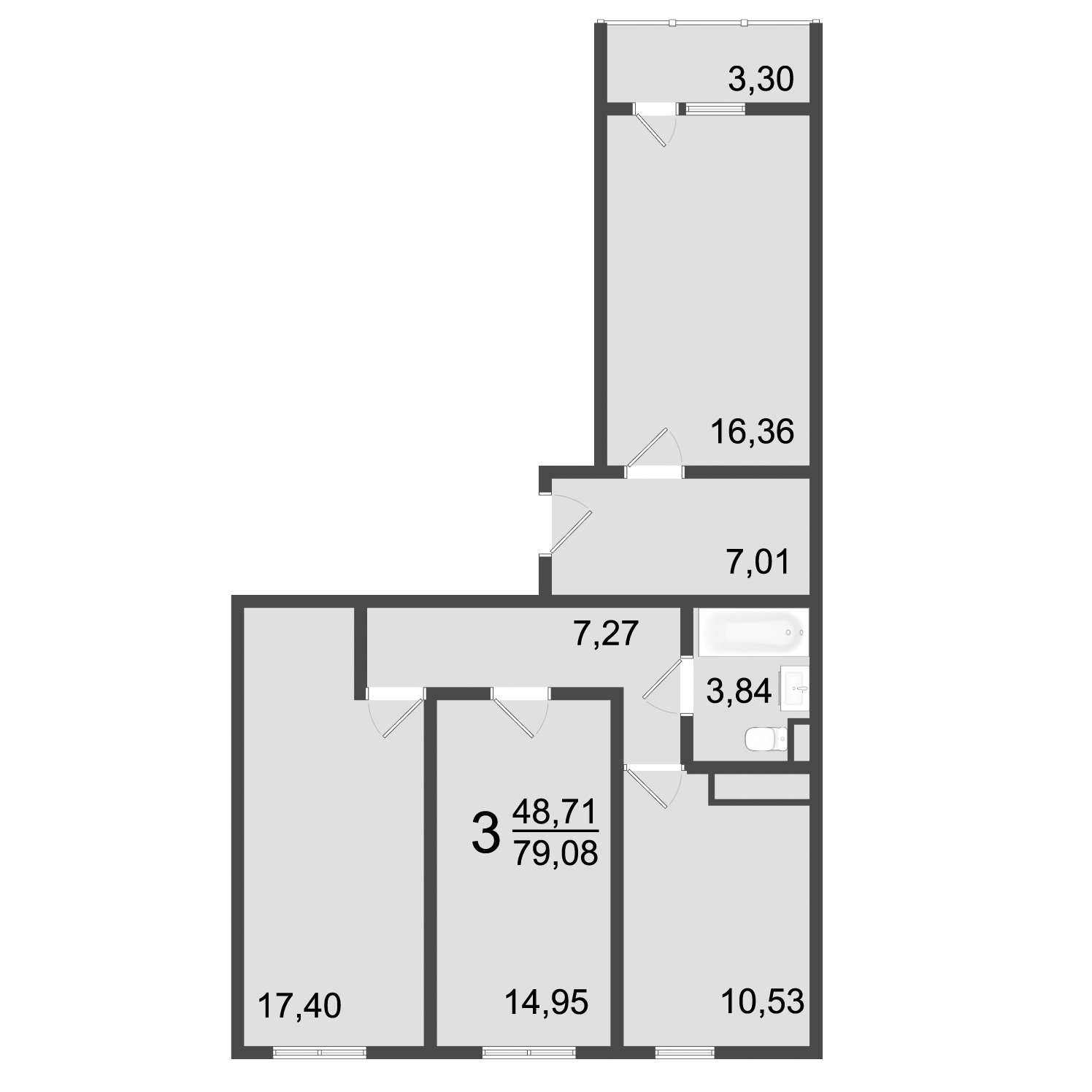 3 комн. квартира, 79.1 м², 1 этаж 