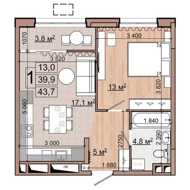 1 комн. квартира, 43.7 м², 6 этаж 