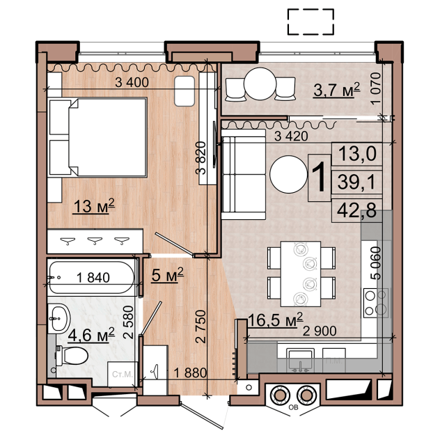 1 комн. квартира, 42.8 м², 6 этаж 