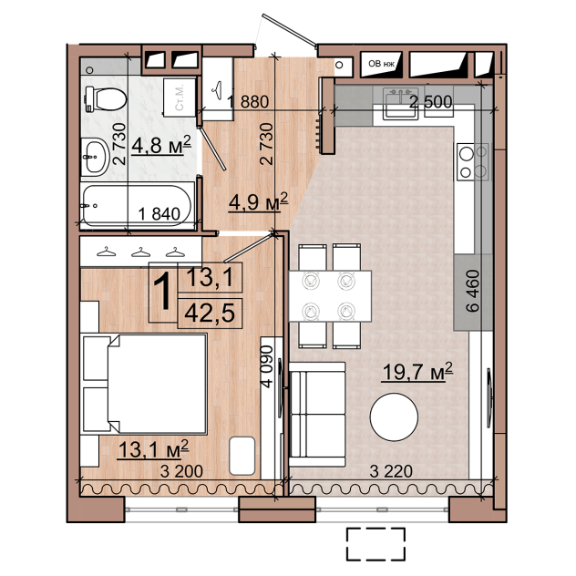 1 комн. квартира, 42.5 м², 5 этаж 