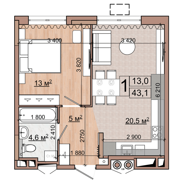 1 комн. квартира, 43.1 м², 5 этаж 