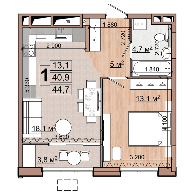 1 комн. квартира, 44.7 м², 17 этаж 