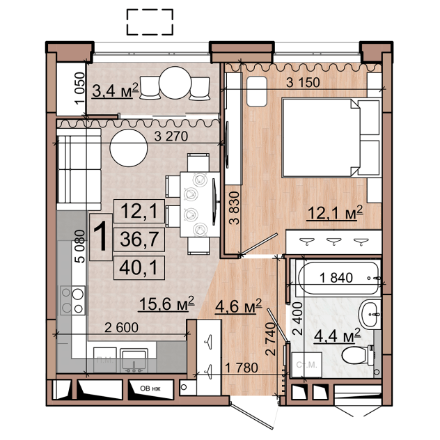 1 комн. квартира, 40.1 м², 17 этаж 