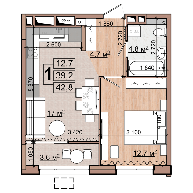 1 комн. квартира, 42.8 м², 16 этаж 