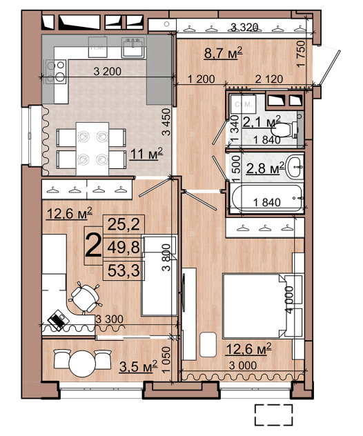 2 комн. квартира, 53.3 м², 12 этаж 