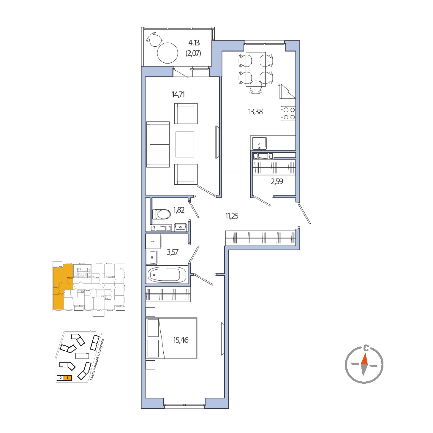 2 комн. квартира, 62.8 м², 6 этаж 