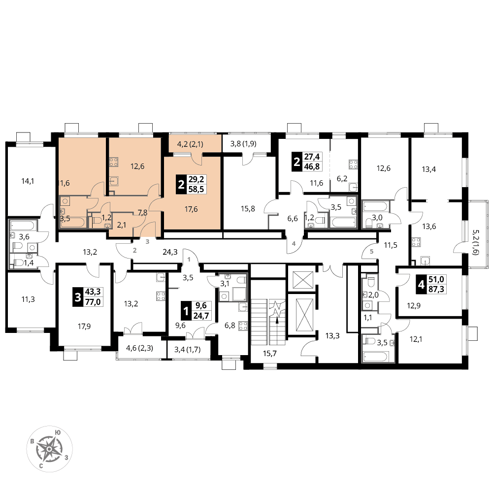 2 комн. квартира, 58.5 м², 6 этаж 