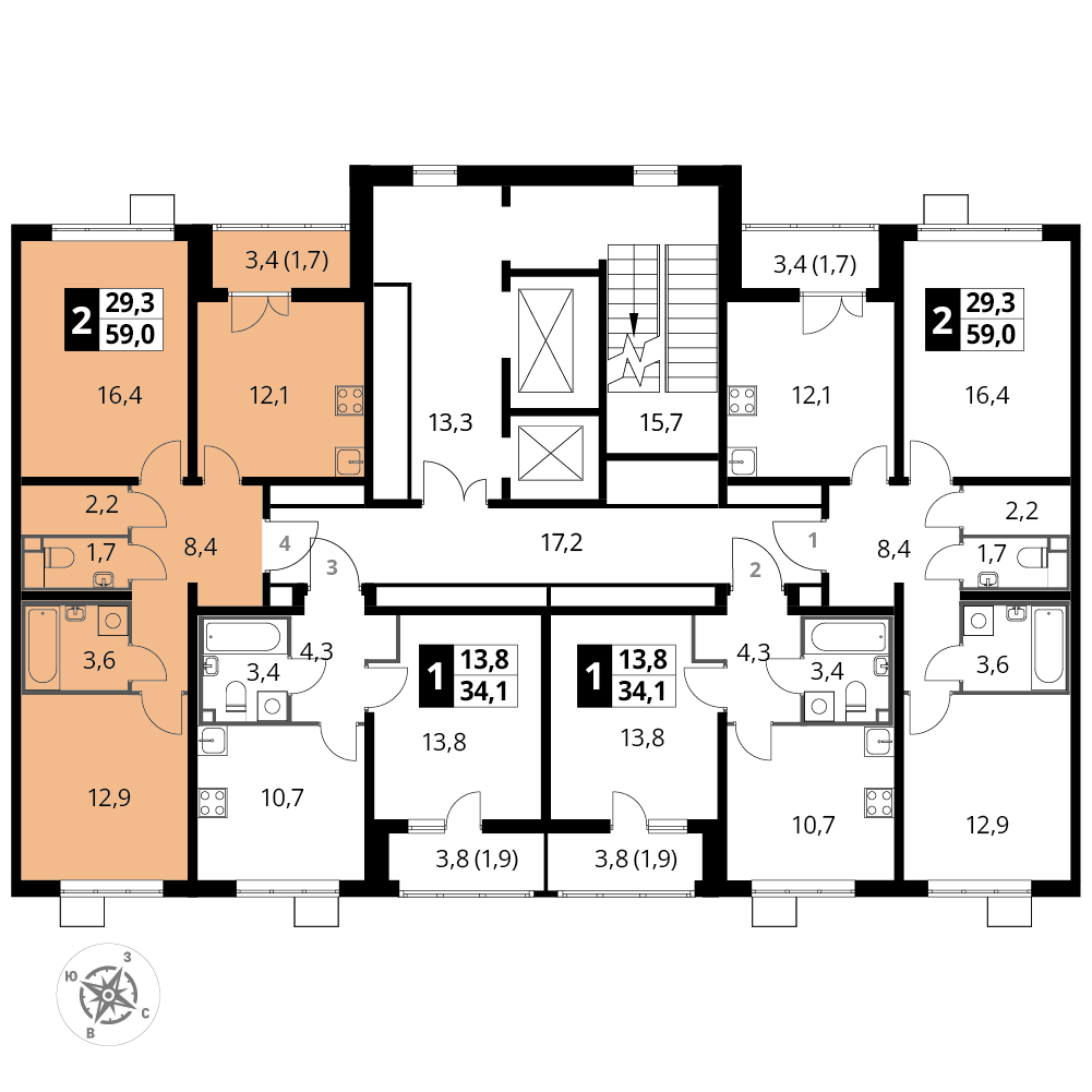 2 комн. квартира, 58.8 м², 4 этаж 