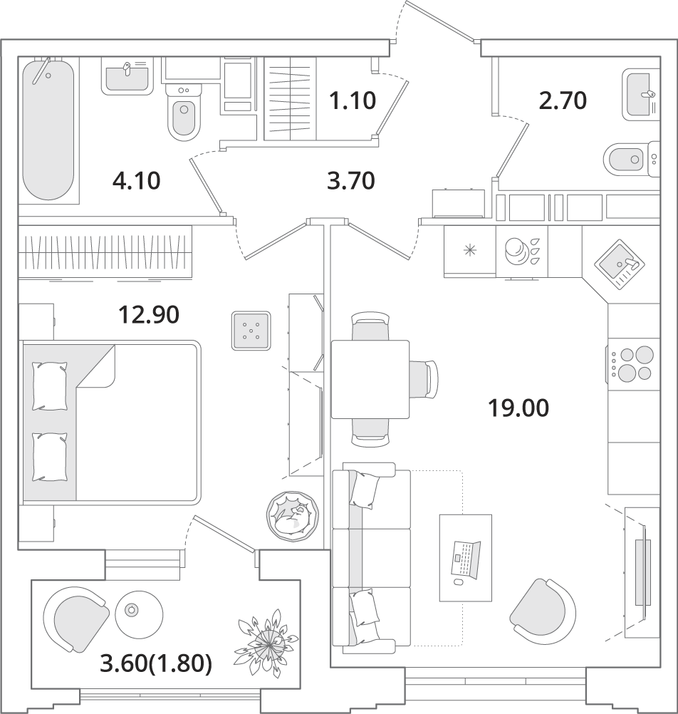 1 комн. квартира, 45.3 м², 5 этаж 