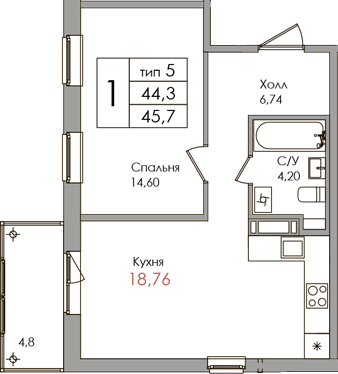 1 комн. квартира, 44.3 м², 9 этаж 