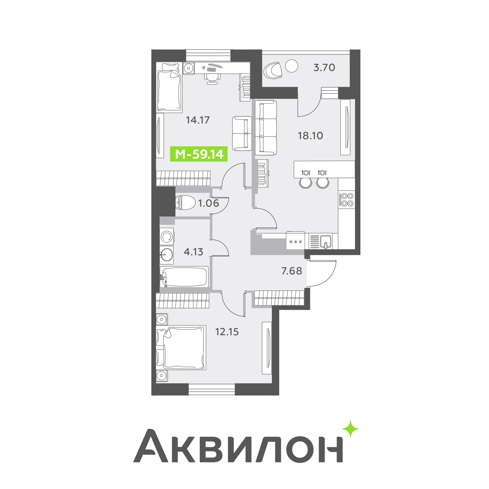 2 комн. квартира, 59.1 м², 6 этаж 