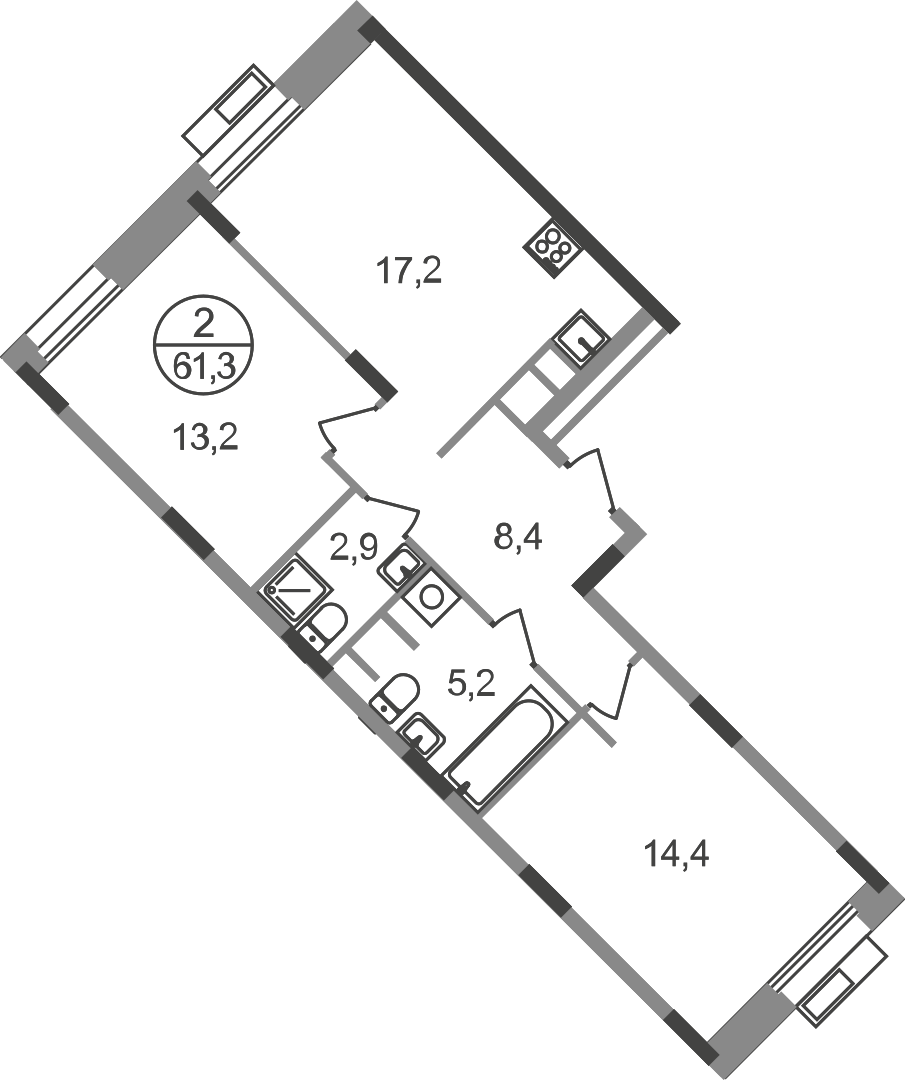 2 комн. квартира, 61.3 м², 8 этаж  (из 9)
