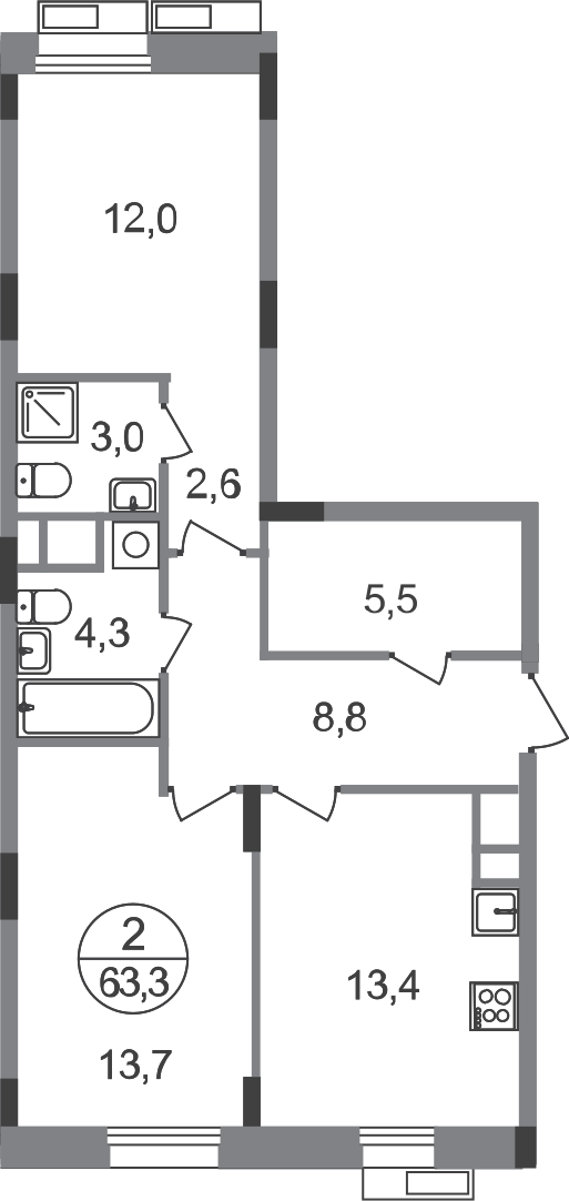 2 комн. квартира, 63.3 м², 2 этаж  (из 9)