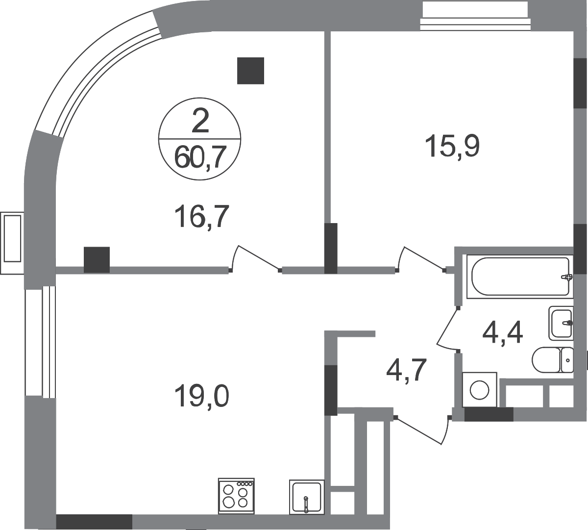 2 комн. квартира, 60.7 м², 8 этаж  (из 9)