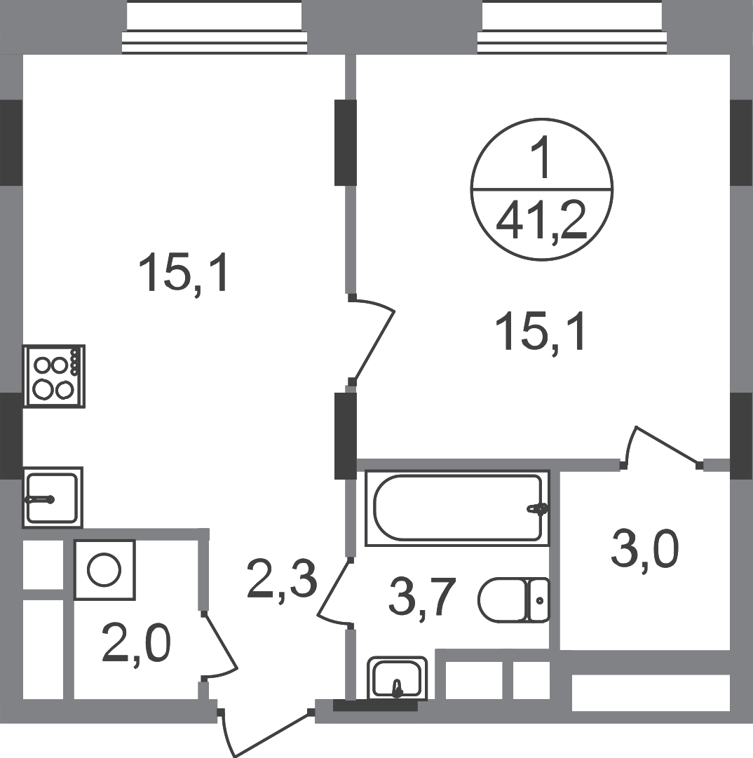 1 комн. квартира, 41.2 м², 4 этаж  (из 9)