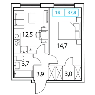 1 комн. квартира, 37.8 м², 8 этаж 