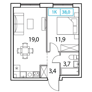 1 комн. квартира, 38 м², 12 этаж 