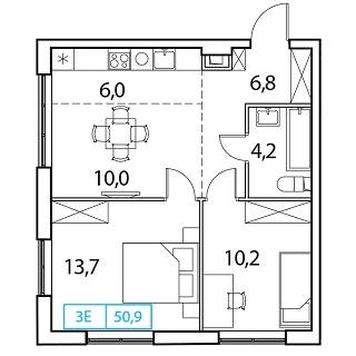 2 комн. квартира, 50.9 м², 7 этаж 