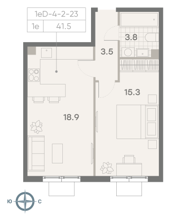 1 комн. квартира, 41.5 м², 4 этаж 