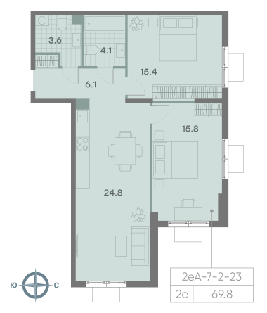 2 комн. квартира, 69.8 м², 11 этаж 