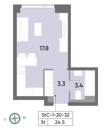 студия, 24.5 м², 21 этаж 