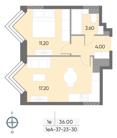 1 комн. квартира, 36 м², 30 этаж 