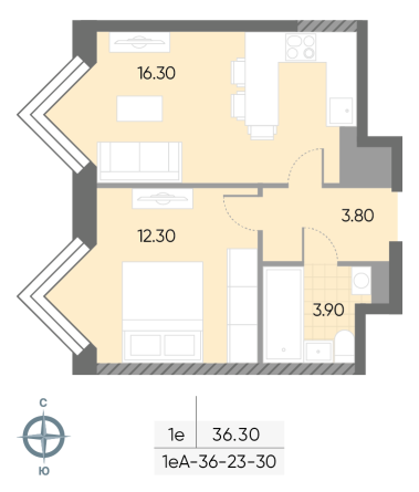 1 комн. квартира, 36.3 м², 30 этаж 
