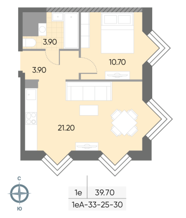 1 комн. квартира, 39.7 м², 30 этаж 